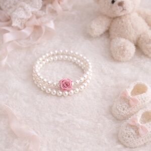Elegant glass Pearl Bracelet with Pink Rose for baby and child